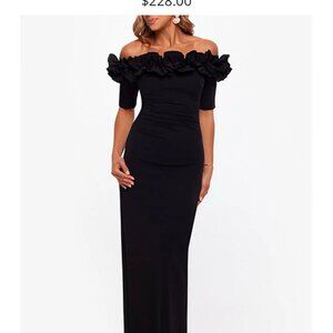 12P Black Xscape Ruffled Off-the-Shoulder Short Sleeve Crepe Sheath Gown